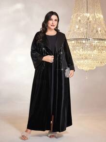 Al Najma Abaya larga de manga larga, modesta, de terciopelo, con detalle de flecos con strass y apertura frontal