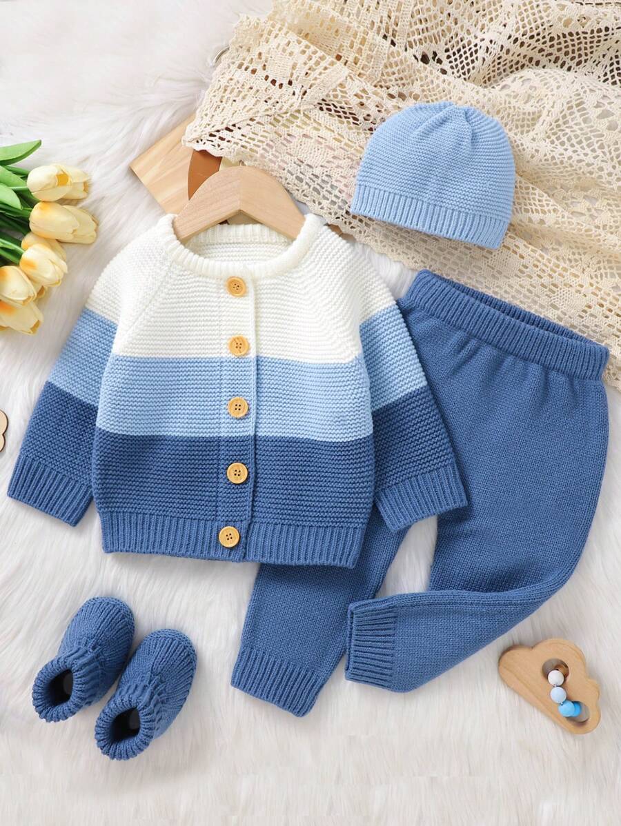 Baby Boy Colorblock Raglan Sleeve Cardigan & Knit Pants & Hat & Shoes ...