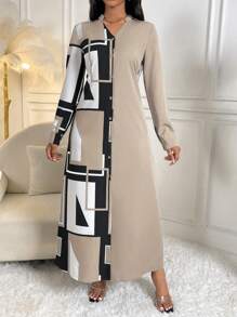 Lyxana Geo Print Button Front Shirt Dress Maxi Women Outfit Fall Cloth For Women