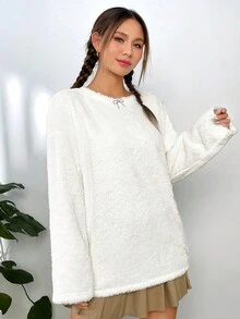 SHEIN Qutie Chất rắn Thả vai 	
Fuzzy Áo nỉ - trắng - Xem 6