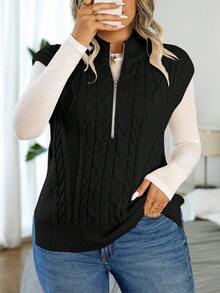 Calvaya 1pc Plus Zipper Front Cable Knit Sweater Vest - Black - View 3