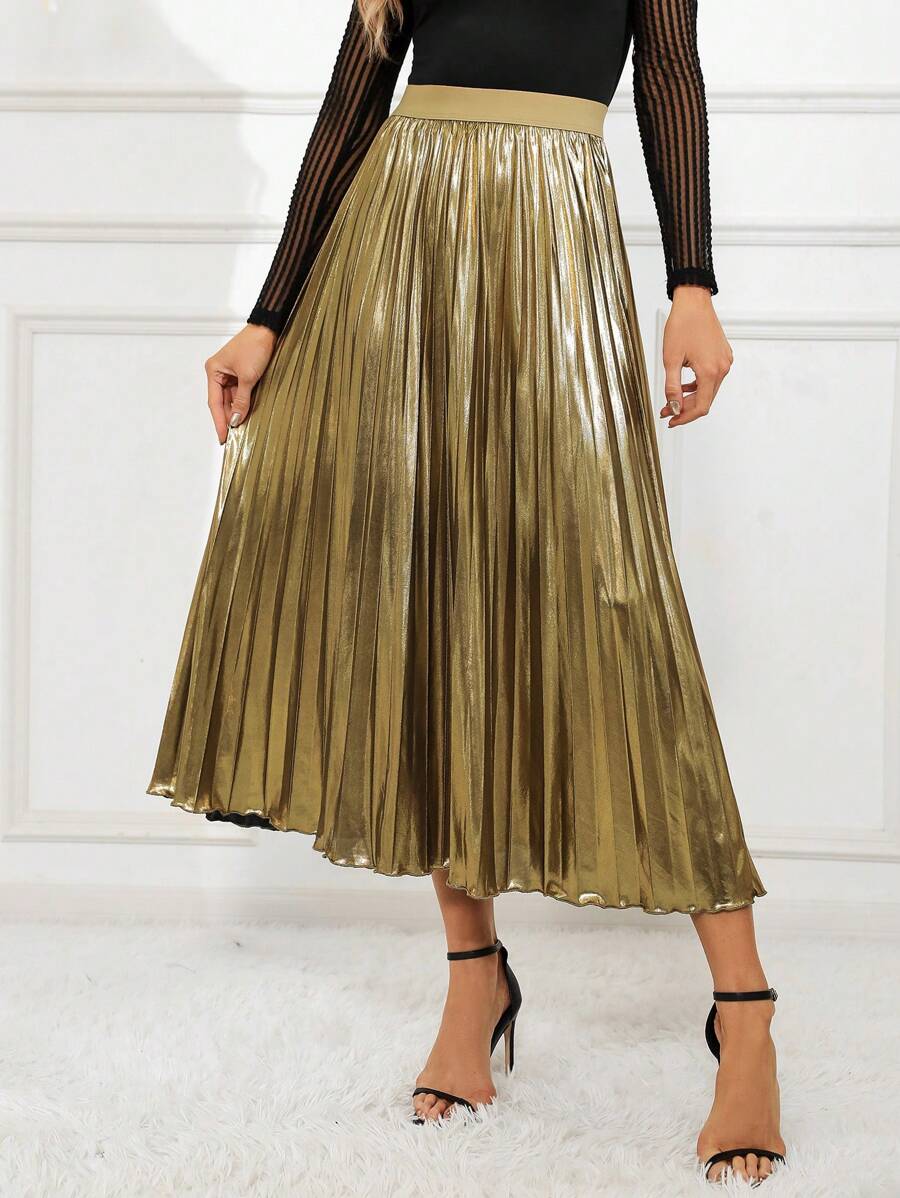 SHEIN Clasi 高腰百褶半身裙 - 金色 - 查看 1