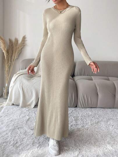 EURMUSE Women's Solid Color Ribbed Sweater Dress