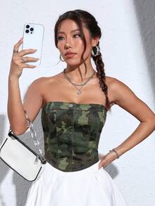 SHEIN EZwear Camo Print Tube Denim Top - Multicolor - View 4