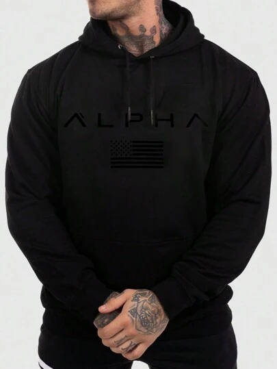 Manfinity Sport Corelite Boyfriend Style Men Casual Plain Long Sleeve Letter Print Pocket Drawstring Sports Hoodie Boyfriend Style Men Jogger Sweatshirt, Men's Hoodies, Hoodie With American Workout Tops Breathable