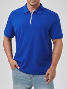 Manfinity Homme Men Plus Quarter Zip Polo Shirt - Blue - View 3