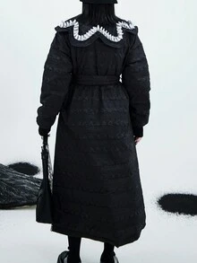 Slant Pockets Frill Trim Statement Collar Belted Down Coat - Black - View 2