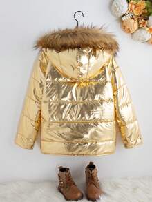SHEIN Tween Girl Fuzzy Trim Hooded Padded Coat - Gold - View 2