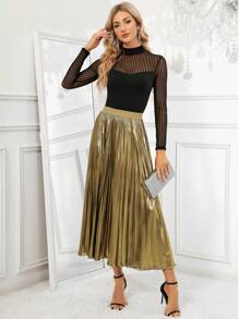 SHEIN Clasi 高腰百褶半身裙 - 金色 - 查看 3