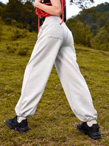 In My Nature Solid Slant Pocket Drawstring Waist Outdoor Sweatpants - Grey - View 2
