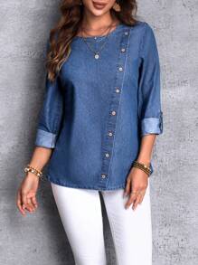 SHEIN LUNE Roll Tab Sleeve Button Detail Denim Top - Blue - View 4
