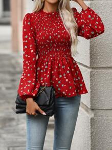 SHEIN Clasi 印花燈籠袖荷葉邊下擺襯衫 - 紅色 - 查看 5