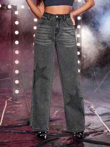 Star Pattern Straight Leg Jeans - Grey - View 5