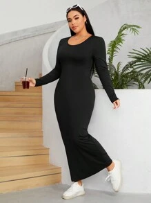 SHEIN EZwear Plus Solid Scoop Neck Bodycon Dress - Black - View 5