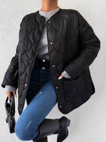 EURMUSE Dual Pocket Drop Shoulder Quilted Coat - Black - View 1