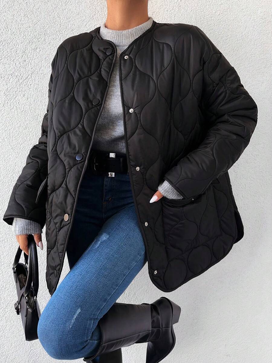 EURMUSE Dual Pocket Drop Shoulder Quilted Coat - Black - View 1