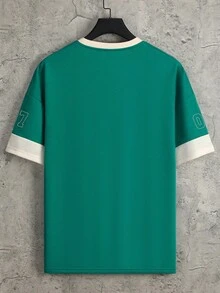 Manfinity LEGND 男式字母图案拼色落肩 T 恤 - 綠色 - 查看 3