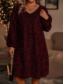 SHEIN Clasi Plus Allover Print Lantern Sleeve Dress - Burgundy - View 1