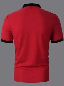 Manfinity 男士大码馬印花拼接邊POLO衫 - 紅色 - 查看 2