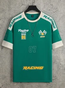 Manfinity LEGND 男式字母图案拼色落肩 T 恤 - 綠色 - 查看 2