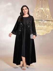 Al Najma Abaya larga de manga larga, modesta, de terciopelo, con detalle de flecos con strass y apertura frontal