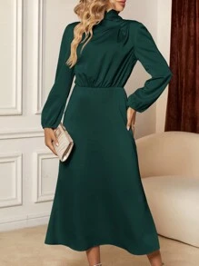 SHEIN Clasi Solid High Neck Lantern Sleeve Dress - Dark Green - View 4
