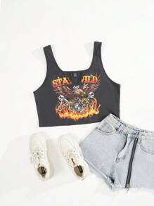 SHEIN EZwear 大碼老鷹&火圖案短款背心 - 深灰色 - 查看 1