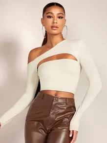 SHEIN BAE Camiseta crop de cuello asimétrico con abertura - Albaricoque - Ver 1