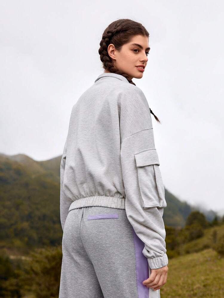 Letter Graphic Half Zip Flap Pocket Outdoor Sweatshirt
