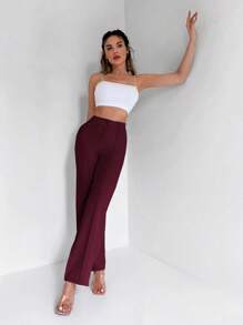 EURMUSE Solid High Waist Straight Leg Suit Pants - Burgundy - View 3