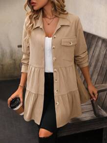 SHEIN Unity 翻蓋口袋前紐扣荷葉邊外套 - 卡其色 - 查看 3