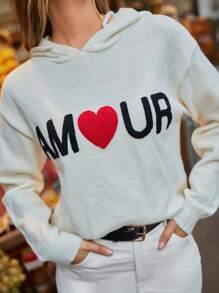 SHEIN Frenchy Hooded Sweater, Heart Sweater, Knitted Sweater, Valentine's Day Sweater, Women's Basic Tops, Spring Clothes, Going Out Clothes, White, Long Sleeve Tops Winter Thanks Giving Casual - Apricot - View 7