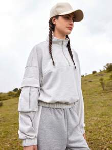 In My Nature Letter Graphic Half Zip Flap Pocket Outdoor Sweatshirt - Grey - View 4