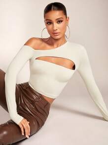 SHEIN BAE Camiseta crop de cuello asimétrico con abertura - Albaricoque - Ver 6