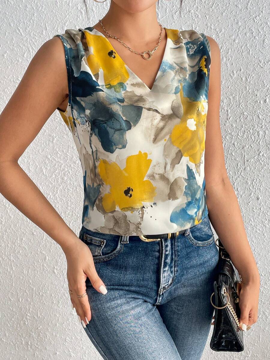 SHEIN LUNE 印花V領無袖襯衫 - 黃色 - 查看 1