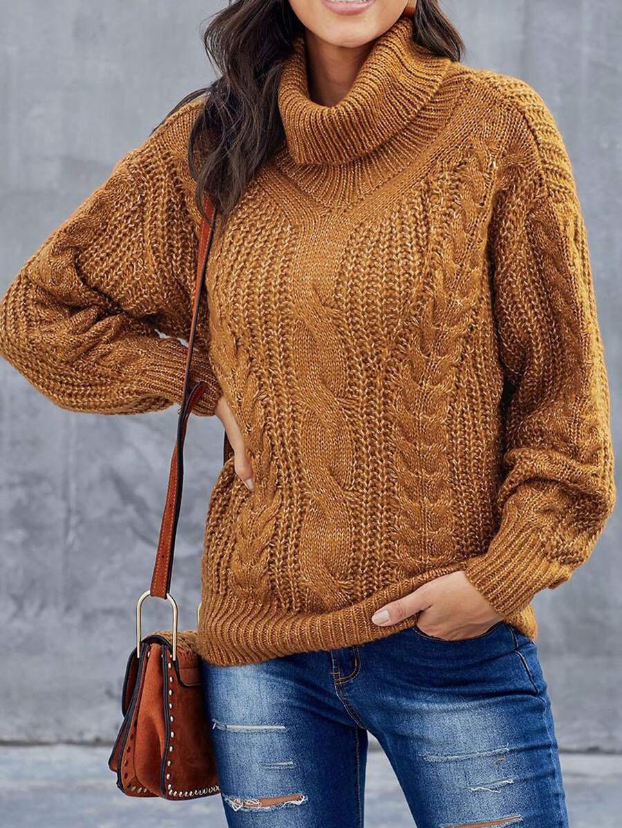CILKOO Turtleneck Cable Knit Drop Shoulder Sweater - Yellow - View 1
