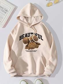 INAWLY Bear & Slogan Graphic Drawstring Thermal Lined Hoodie BEAUTIFUL HANG ON TO YOUR DREAMS KNOWLEDGE IS POWER,Long Sleeve Tops Pullover Fall Outfit - Khaki - View 1
