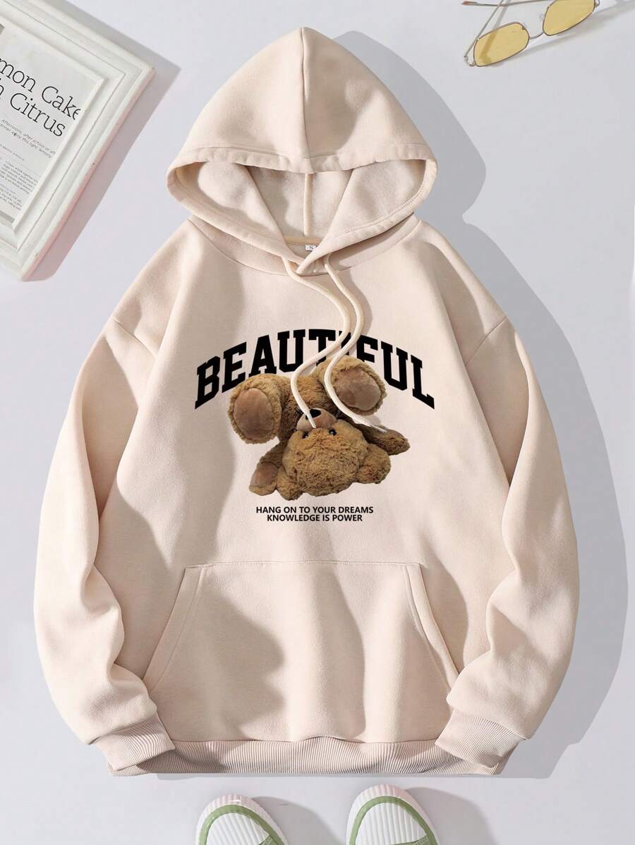 INAWLY Bear & Slogan Graphic Drawstring Thermal Lined Hoodie BEAUTIFUL HANG ON TO YOUR DREAMS KNOWLEDGE IS POWER,Long Sleeve Tops Pullover Fall Outfit - Khaki - View 1