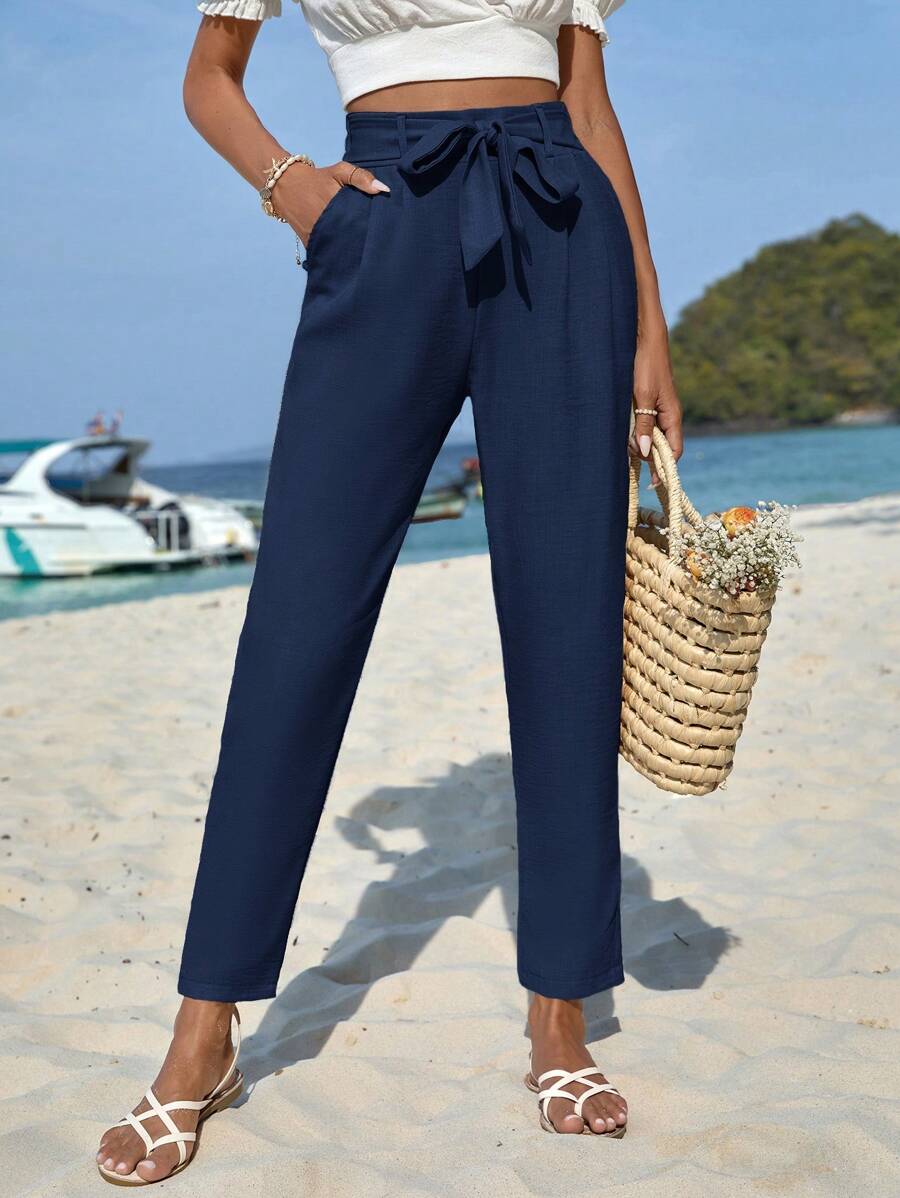 EURMUSE High Waist Belted Pants - Navy Blue - View 1