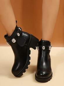 Fall/Winter 2025 Match With Pants,Ladies' Black Fashion Booties With Rhinestone Decoration & Chunky Heel Chelsea Boots Valentines
