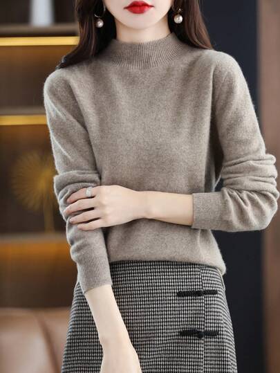 Jersey de mujer 100% lana merina, suave y cálido, jersey de cuello alto, diseño casual de una sola pieza sin costuras para otoño/invierno