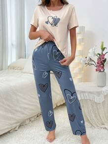 Heart Print Tee & Pants PJ Set / Pajama Set - Multicolor - View 5