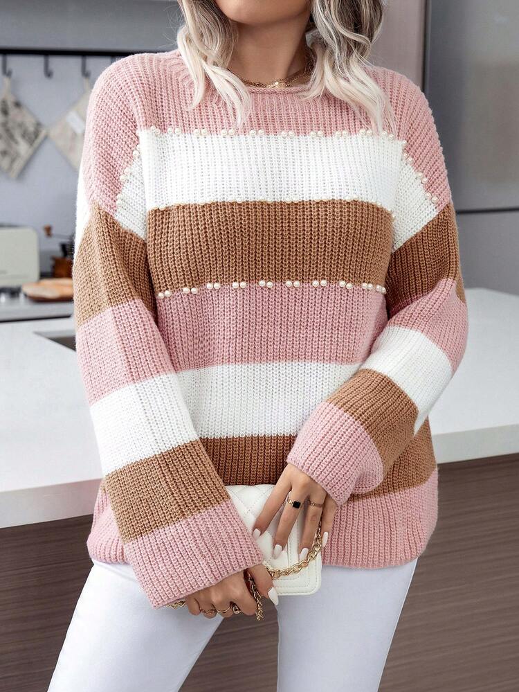 Calvaya 大碼撞色珍珠串珠落肩袖套頭毛衣 - 彩色 - 查看 6