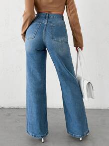 EURMUSE 100%Cotton Casual High Waist Wide Leg Jeans - Blue - View 2