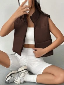 SHEIN EZwear 拉鏈開襟無袖羽絨背心大衣 - 鏽棕色 - 查看 1