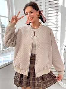 SHEIN EZwear Plus Button Up Quilted Bomber Jacket - Apricot - View 2