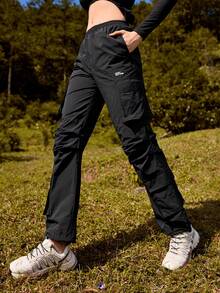 In My Nature Letter Graphic Detail Flap Pocket Side Drawstring Hem Cargo Pants - Black - View 8