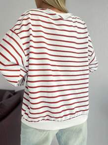 EURMUSE Sudadera con estampado de rayas de hombros caídos - Rojo y blanco - Ver 2