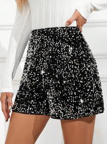 SHEIN Clasi High Waist Sequin Skort For Holiday Party Clothes - Dark Grey - View 1