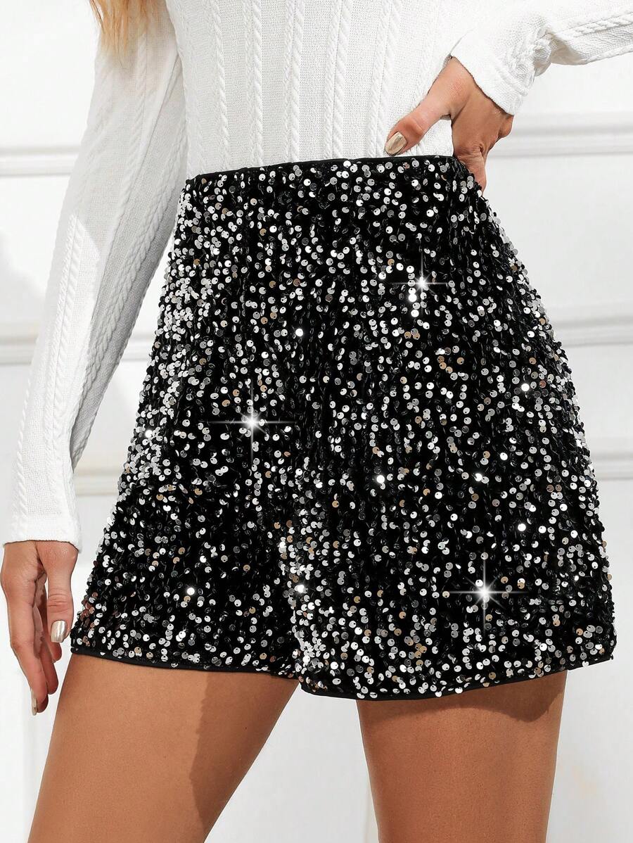 SHEIN Clasi High Waist Sequin Skort For Holiday Party Clothes - Dark Grey - View 1